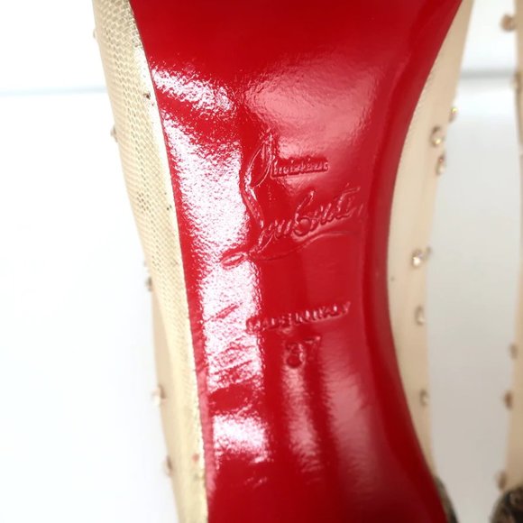 Christian Louboutin Follies Strass 100 Pumps Nude Mesh & Gold Glitter Size 37 - Picture 12 of 12